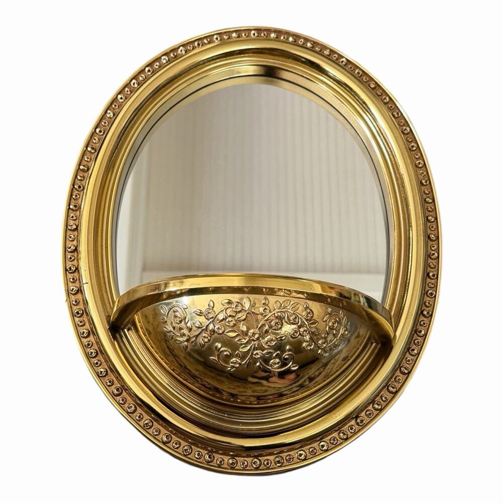 Vintage 1980’s Syroco Oval Wall Mirror With Planter Pocket Ornate Gold Frame